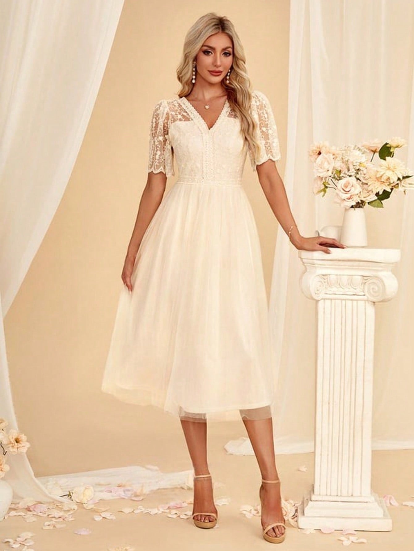 V-Neck A-Line Lace Tulle Midi Dress For Summer & Fall Women's Dress