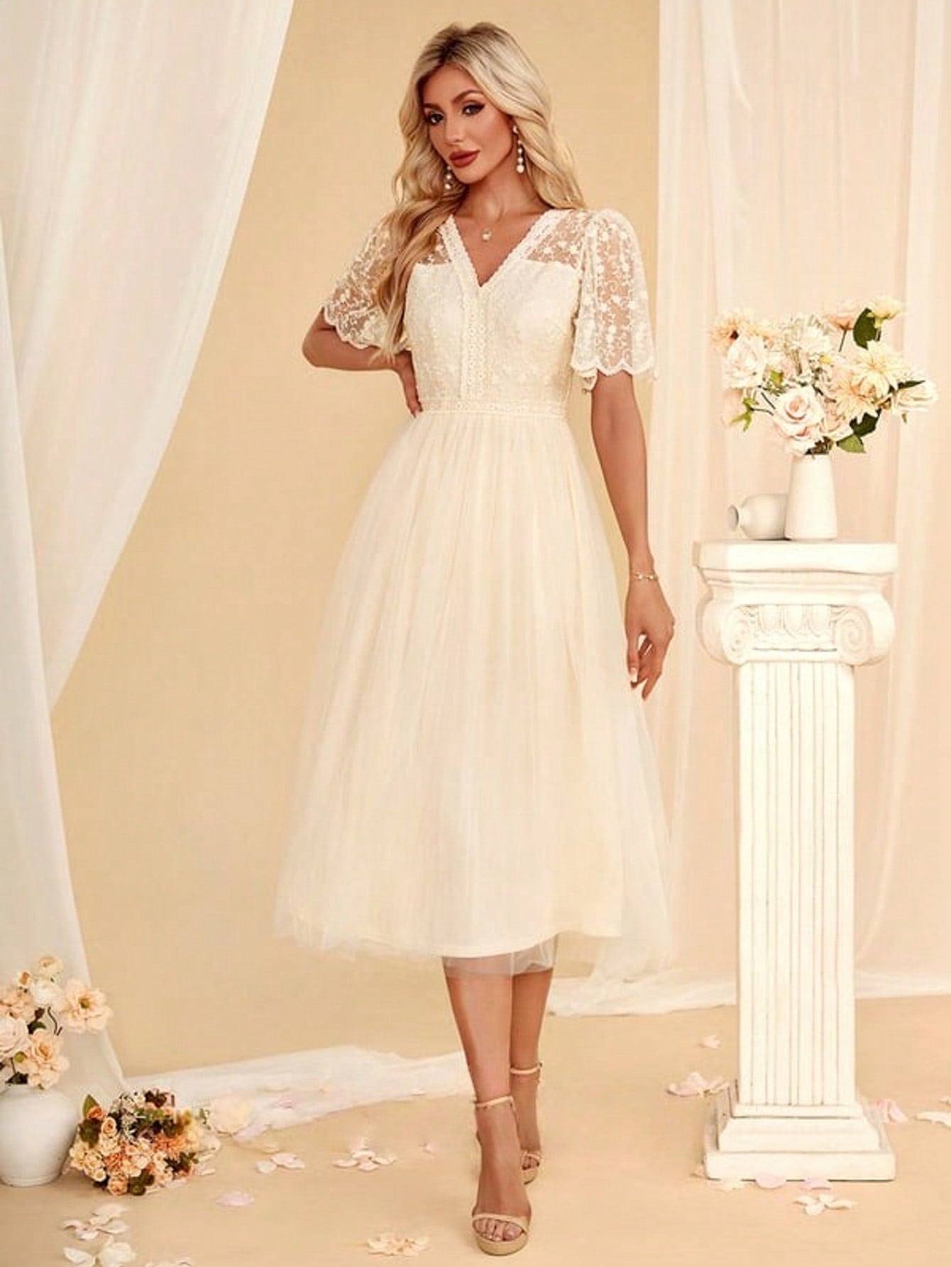 V-Neck A-Line Lace Tulle Midi Dress For Summer & Fall Women's Dress