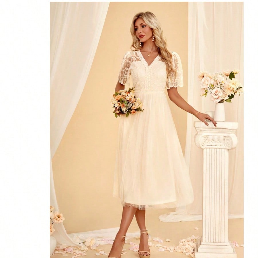 V-Neck A-Line Lace Tulle Midi Dress For Summer & Fall Women's Dress