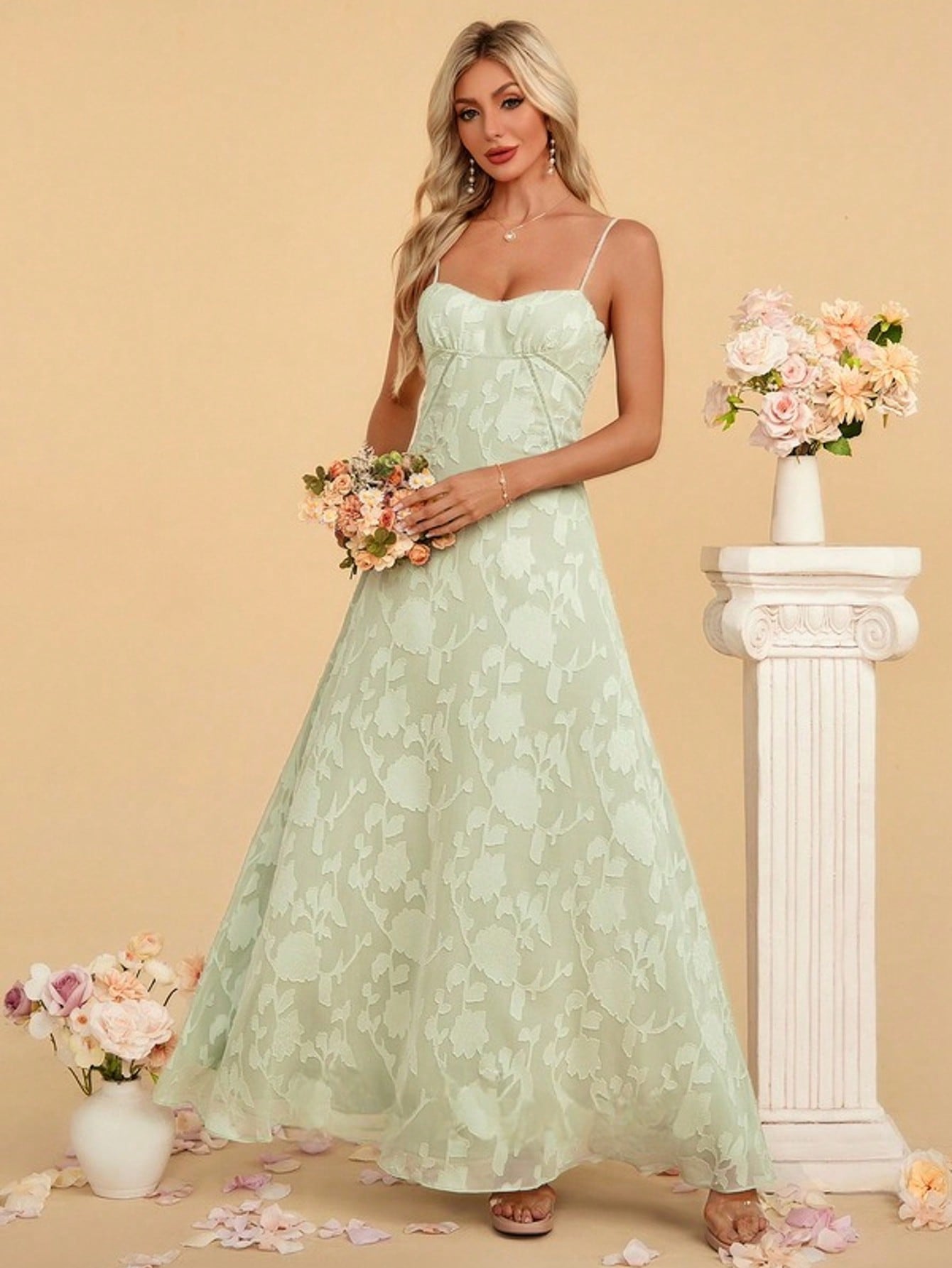 Sweetheart Spaghetti Straps A-Line Chiffon Jacquard Maxi Dress For Summer & Fall Women's Dress