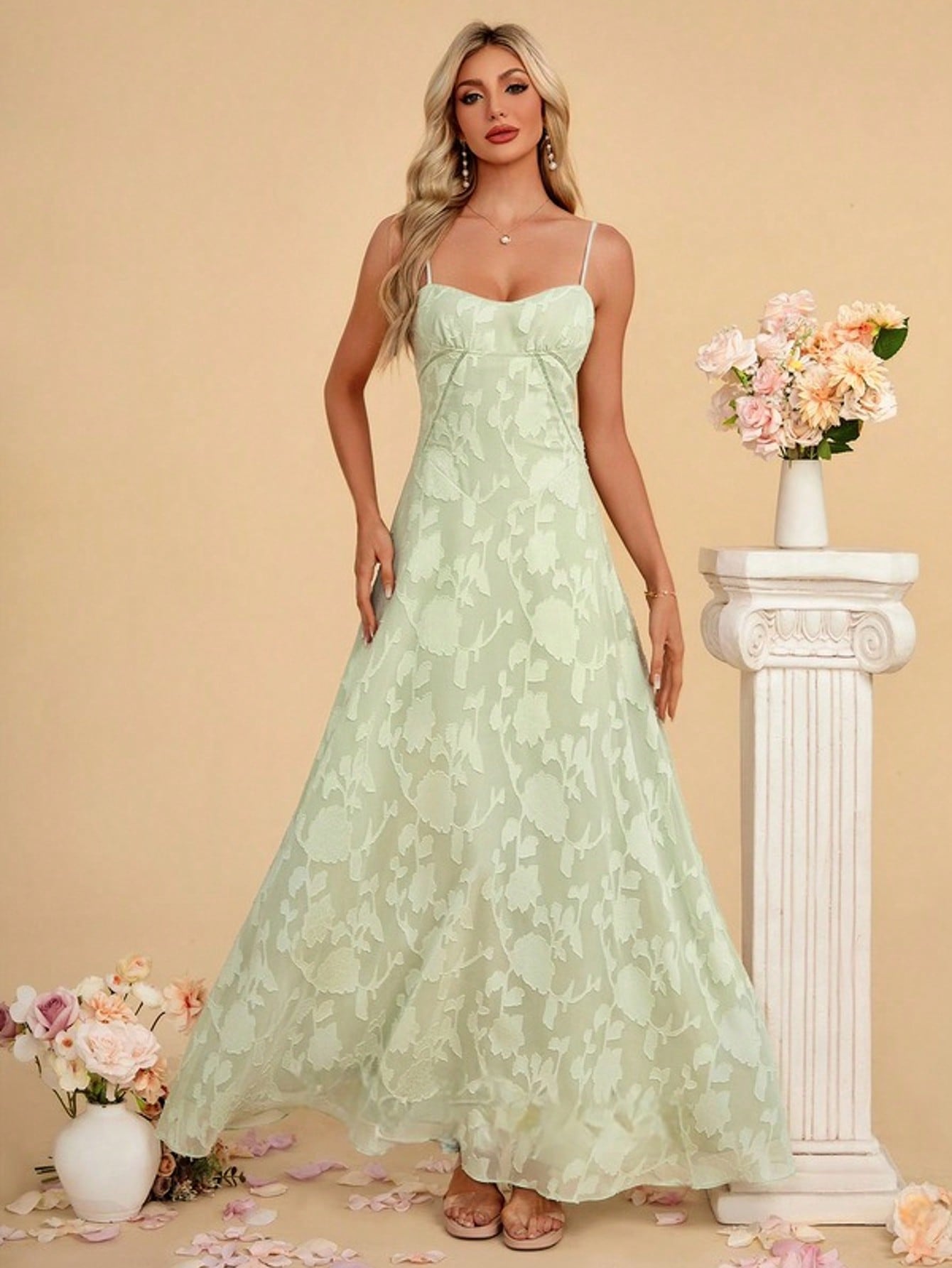 Sweetheart Spaghetti Straps A-Line Chiffon Jacquard Maxi Dress For Summer & Fall Women's Dress
