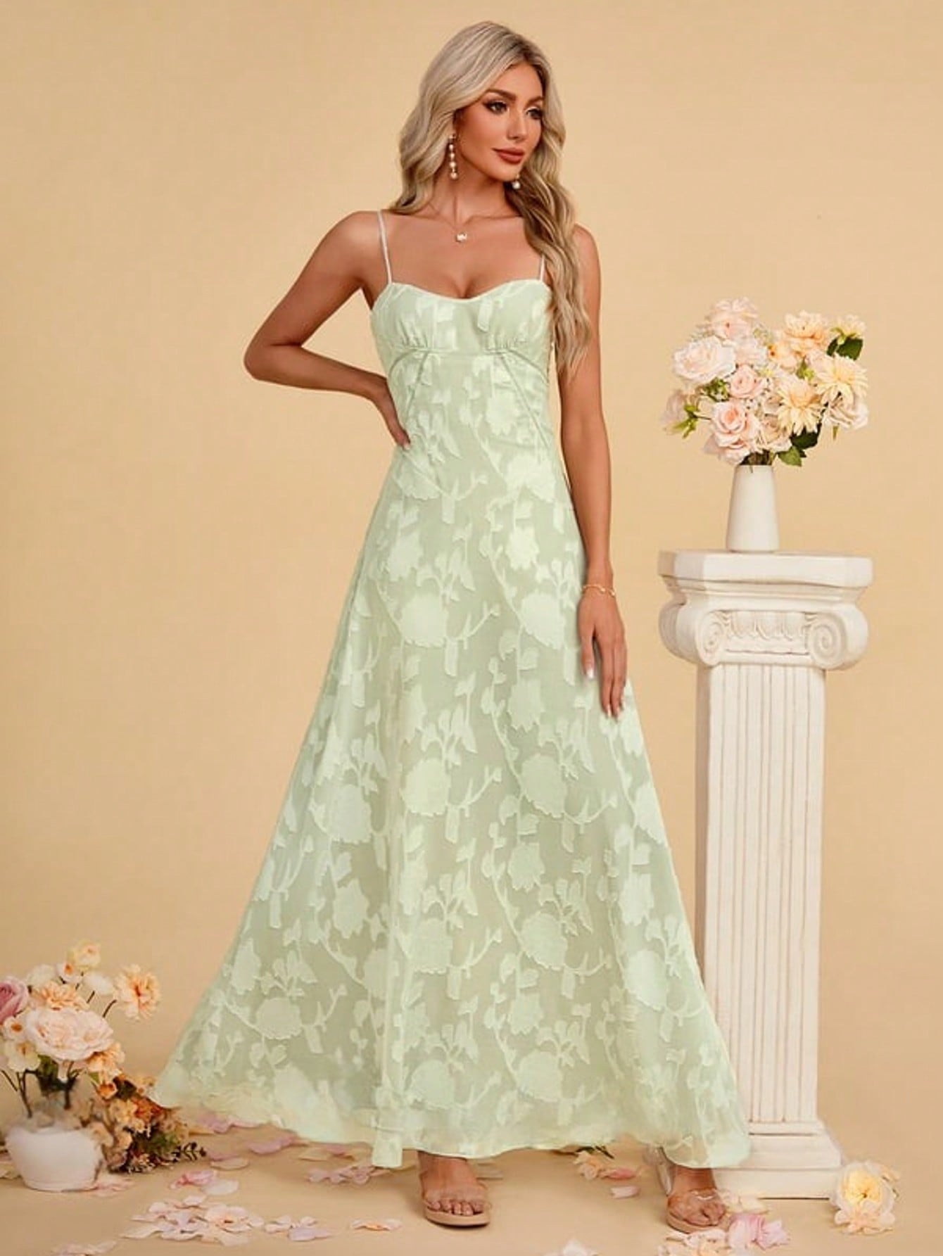 Sweetheart Spaghetti Straps A-Line Chiffon Jacquard Maxi Dress For Summer & Fall Women's Dress
