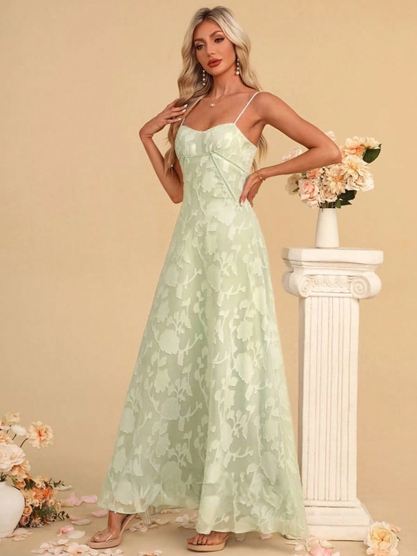 Sweetheart Spaghetti Straps A-Line Chiffon Jacquard Maxi Dress For Summer & Fall Women's Dress
