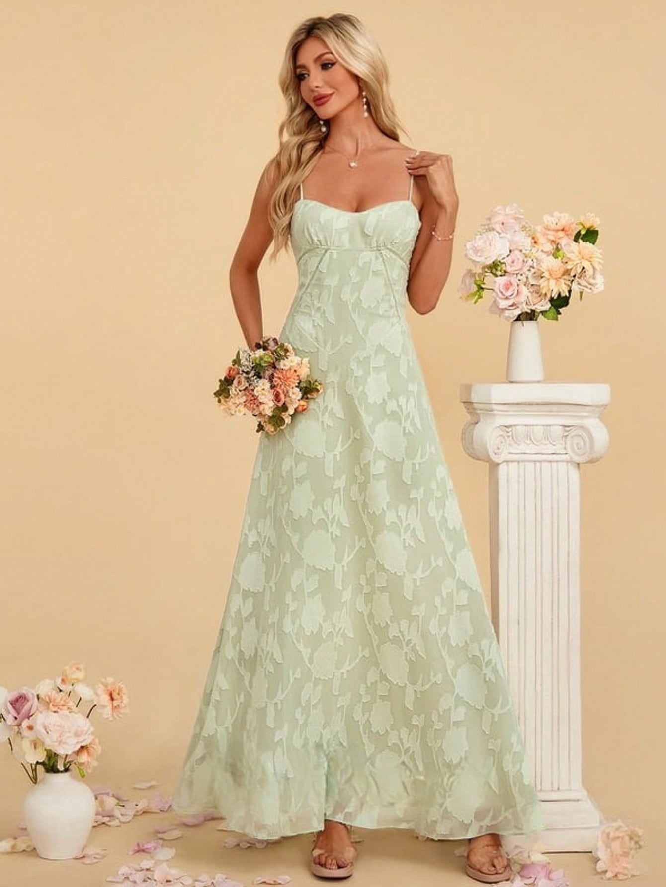 Sweetheart Spaghetti Straps A-Line Chiffon Jacquard Maxi Dress For Summer & Fall Women's Dress