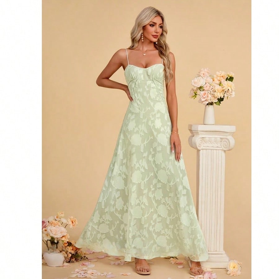Sweetheart Spaghetti Straps A-Line Chiffon Jacquard Maxi Dress For Summer & Fall Women's Dress