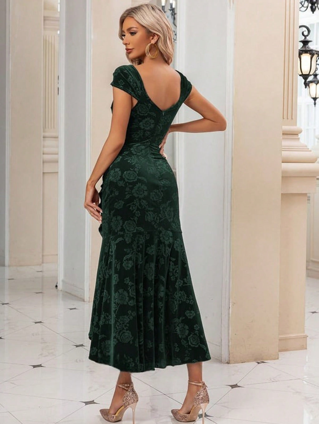 Ruched V-Neck Cap Sleeve Trumpet/Mermaid Velvet Asymmetrical Midi Dress For Summer & Fall Women's Dress