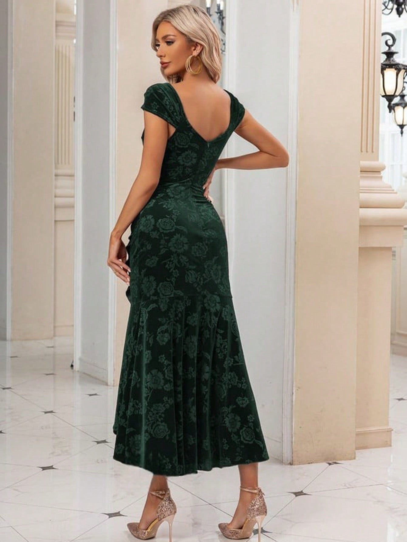Ruched V-Neck Cap Sleeve Trumpet/Mermaid Velvet Asymmetrical Midi Dress For Summer & Fall Women's Dress