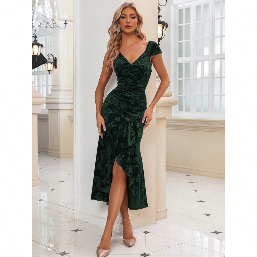 Ruched V-Neck Cap Sleeve Trumpet/Mermaid Velvet Asymmetrical Midi Dress For Summer & Fall Women's Dress