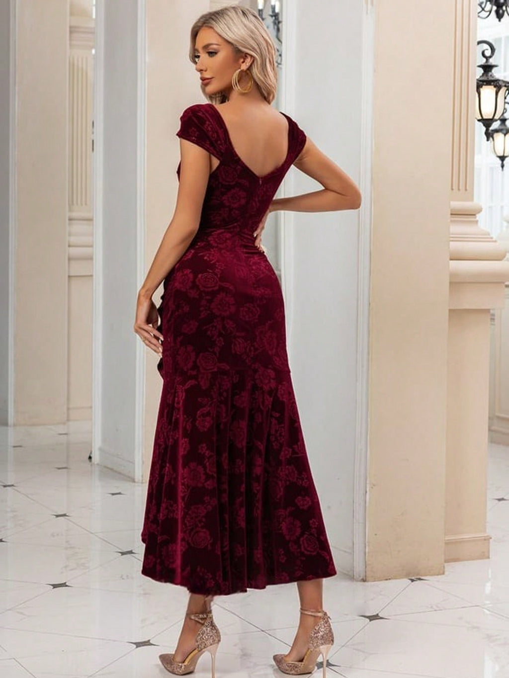 Ruched V-Neck Cap Sleeve Trumpet/Mermaid Velvet Asymmetrical Midi Dress For Summer & Fall Women's Dress