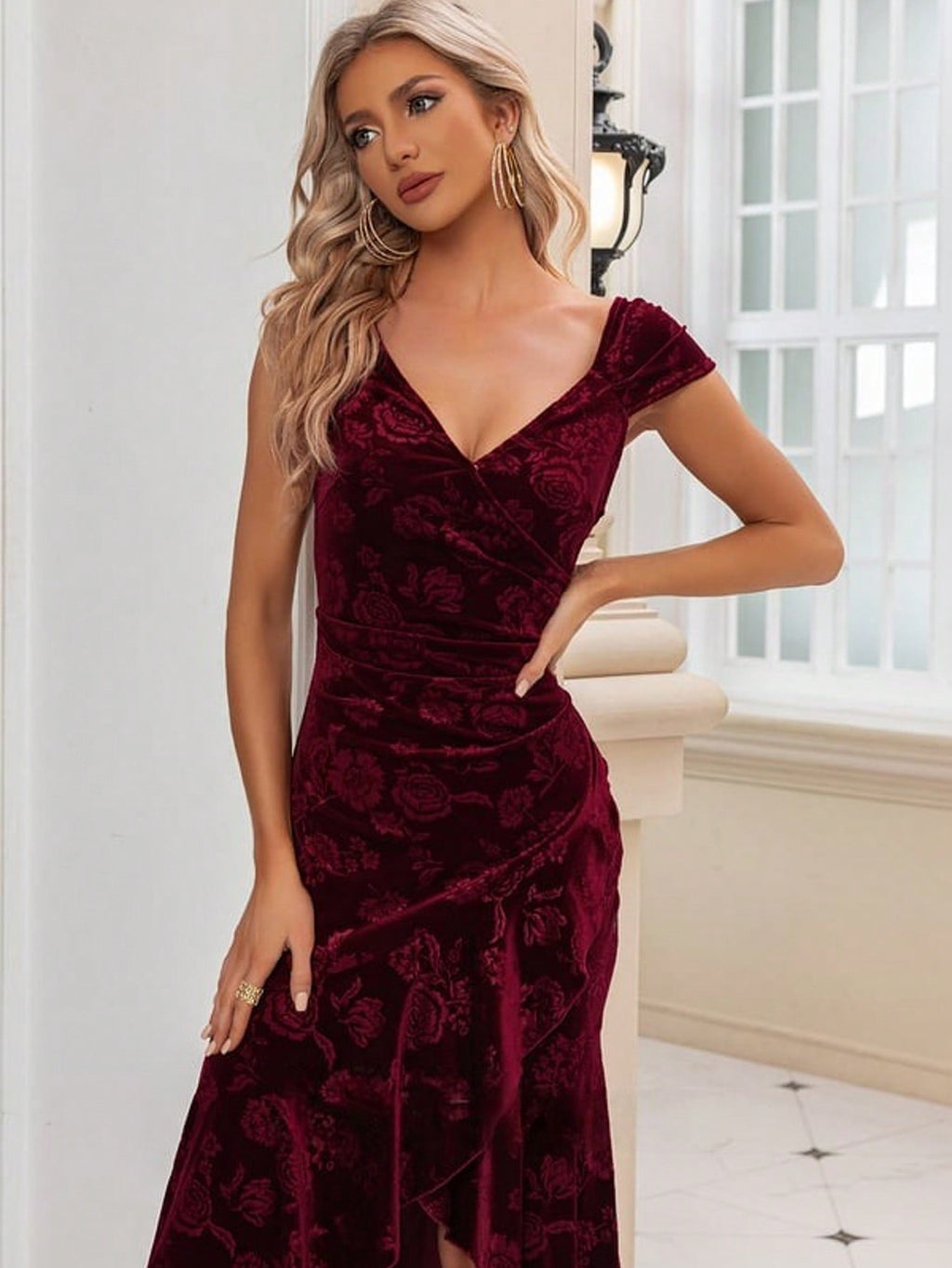 Ruched V-Neck Cap Sleeve Trumpet/Mermaid Velvet Asymmetrical Midi Dress For Summer & Fall Women's Dress