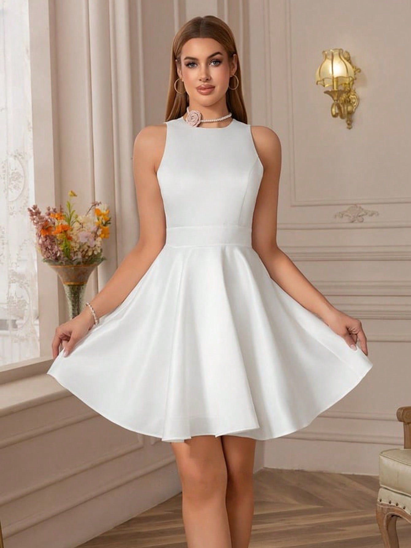 Bow Scoop A-Line Satin Mini Dress For Summer & Fall Women's Dress