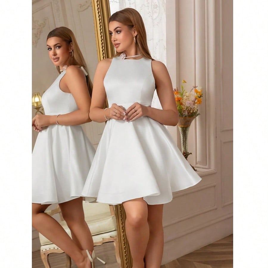 Bow Scoop A-Line Satin Mini Dress For Summer & Fall Women's Dress
