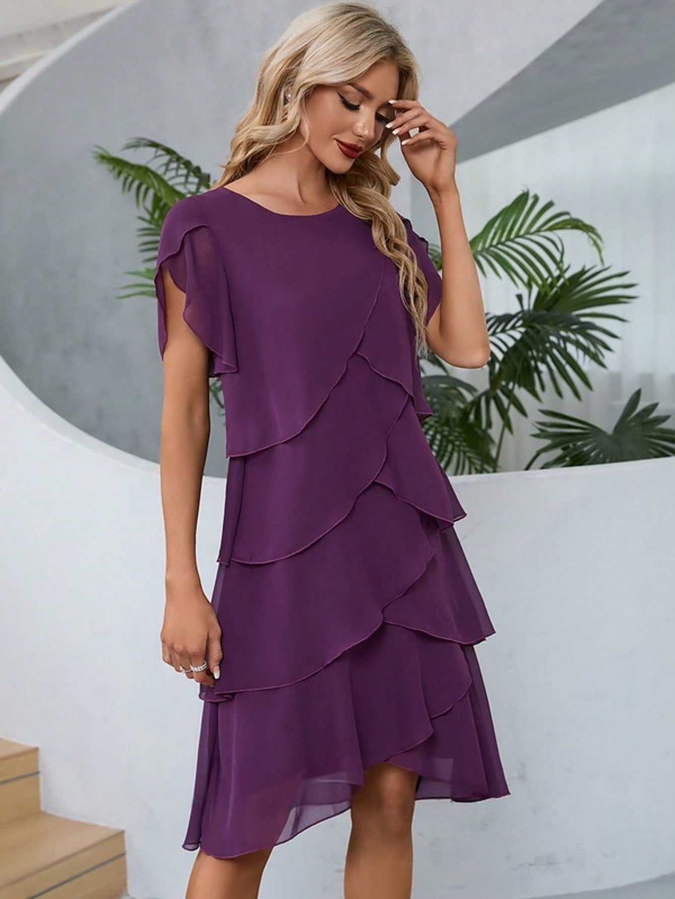 Ruffle Scoop A-Line Chiffon Lace Midi Dres For Summer & Fall Women's Clothing