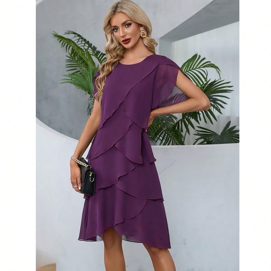 Ruffle Scoop A-Line Chiffon Lace Midi Dres For Summer & Fall Women's Clothing