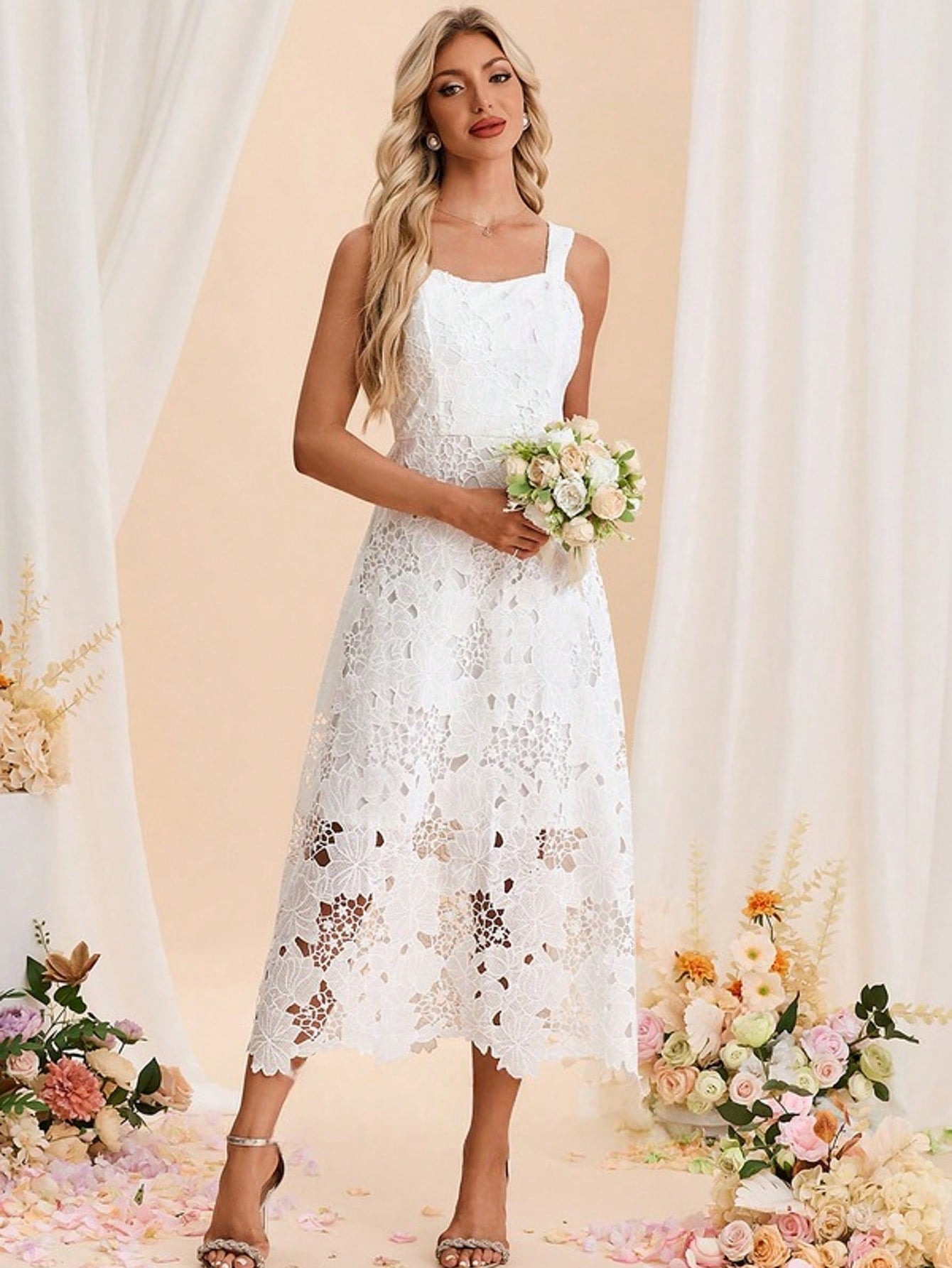 Square Sleeveless A-Line Lace Midi Dress For Summer & Fall Women's Dress