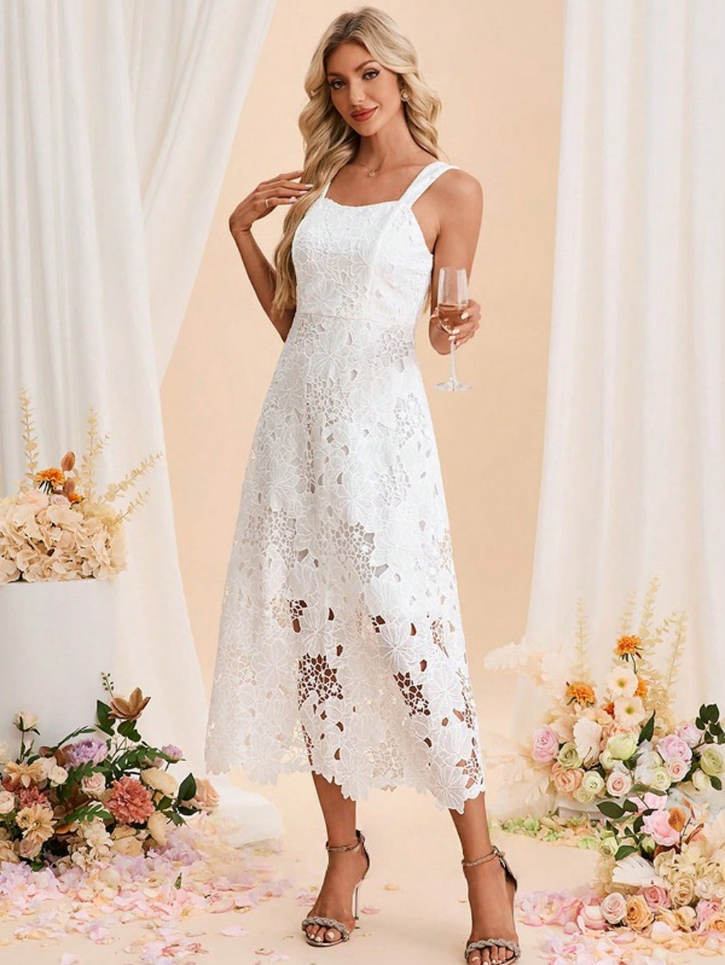 Square Sleeveless A-Line Lace Midi Dress For Summer & Fall Women's Dress