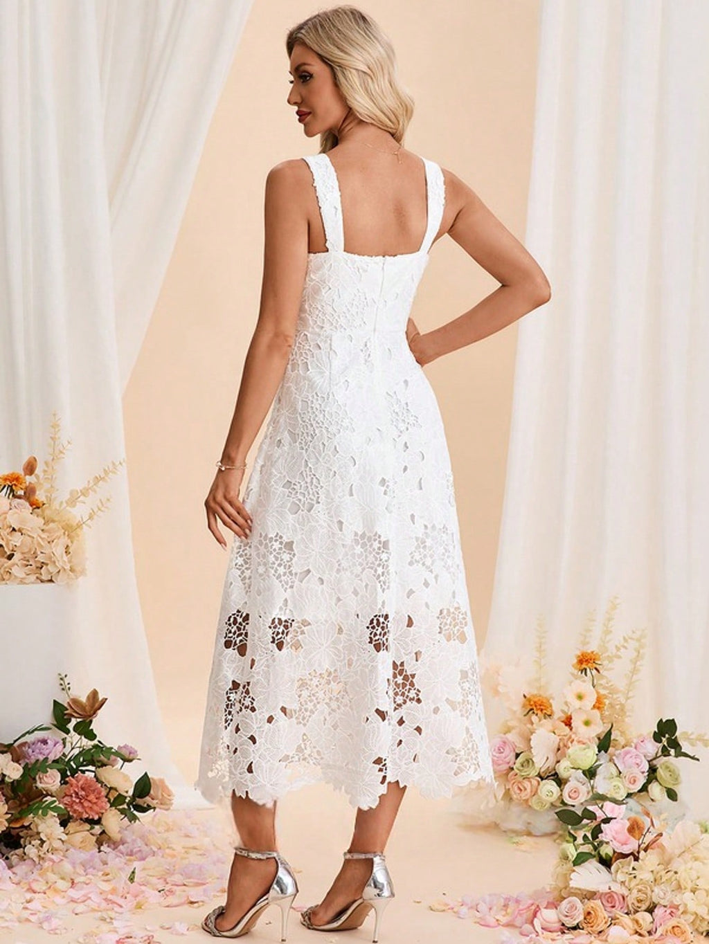 Square Sleeveless A-Line Lace Midi Dress For Summer & Fall Women's Dress