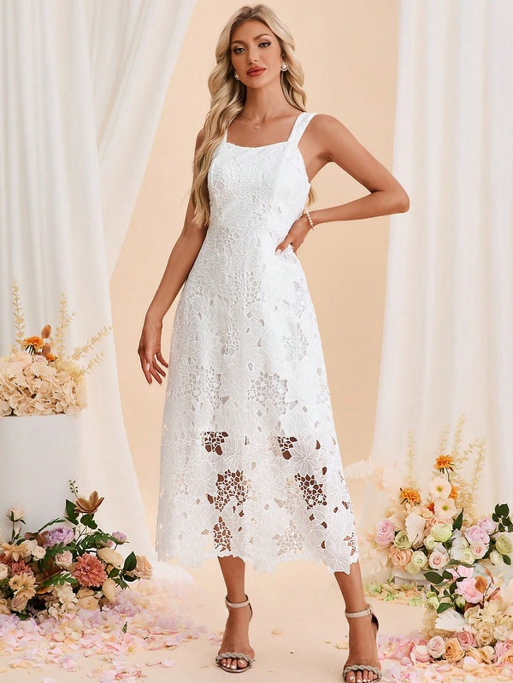 Square Sleeveless A-Line Lace Midi Dress For Summer & Fall Women's Dress