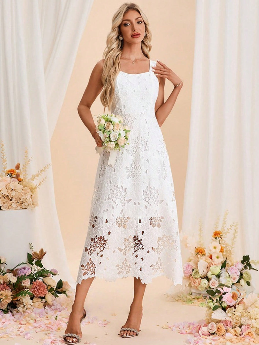 Square Sleeveless A-Line Lace Midi Dress For Summer & Fall Women's Dress