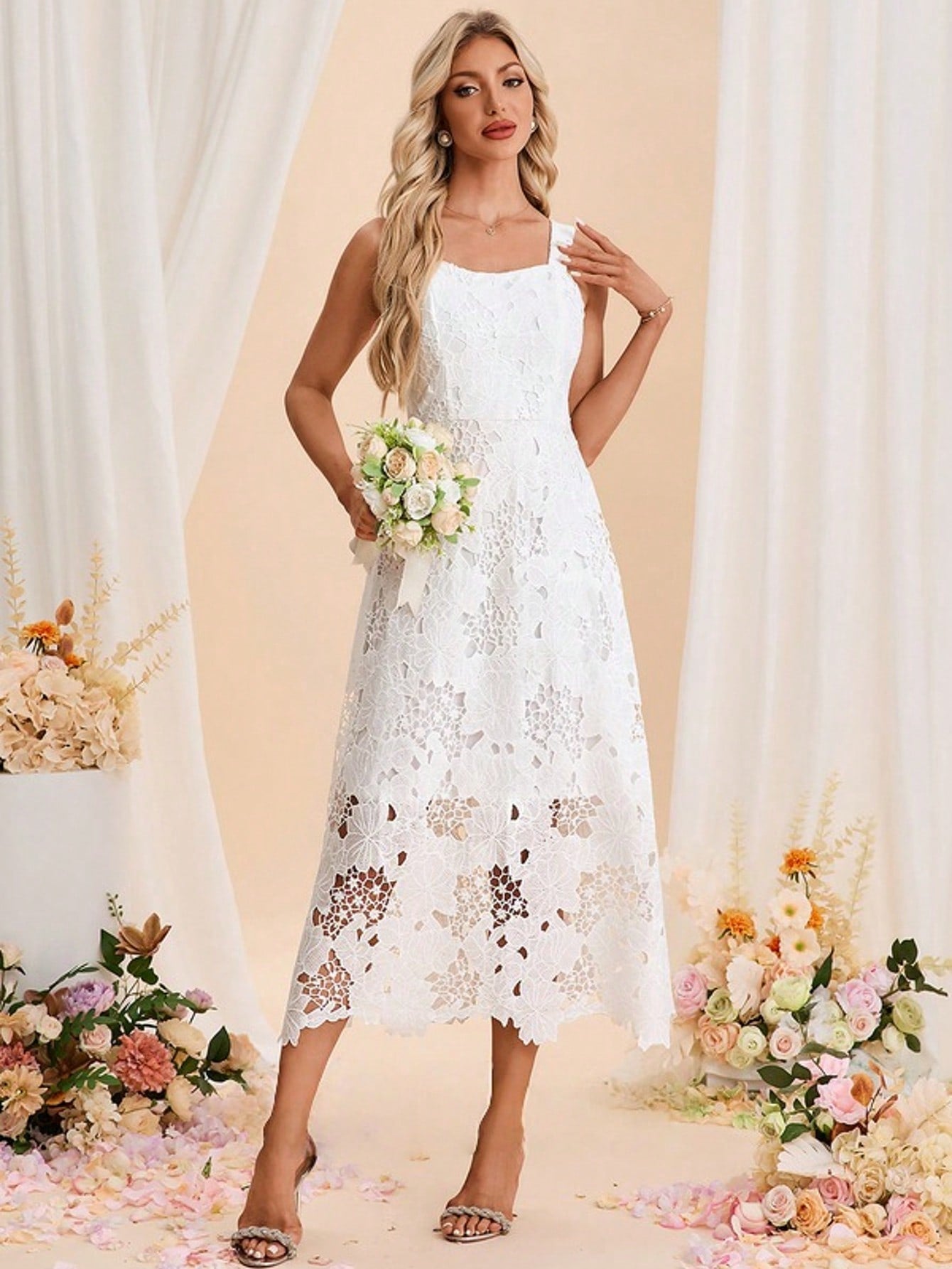 Square Sleeveless A-Line Lace Midi Dress For Summer & Fall Women's Dress