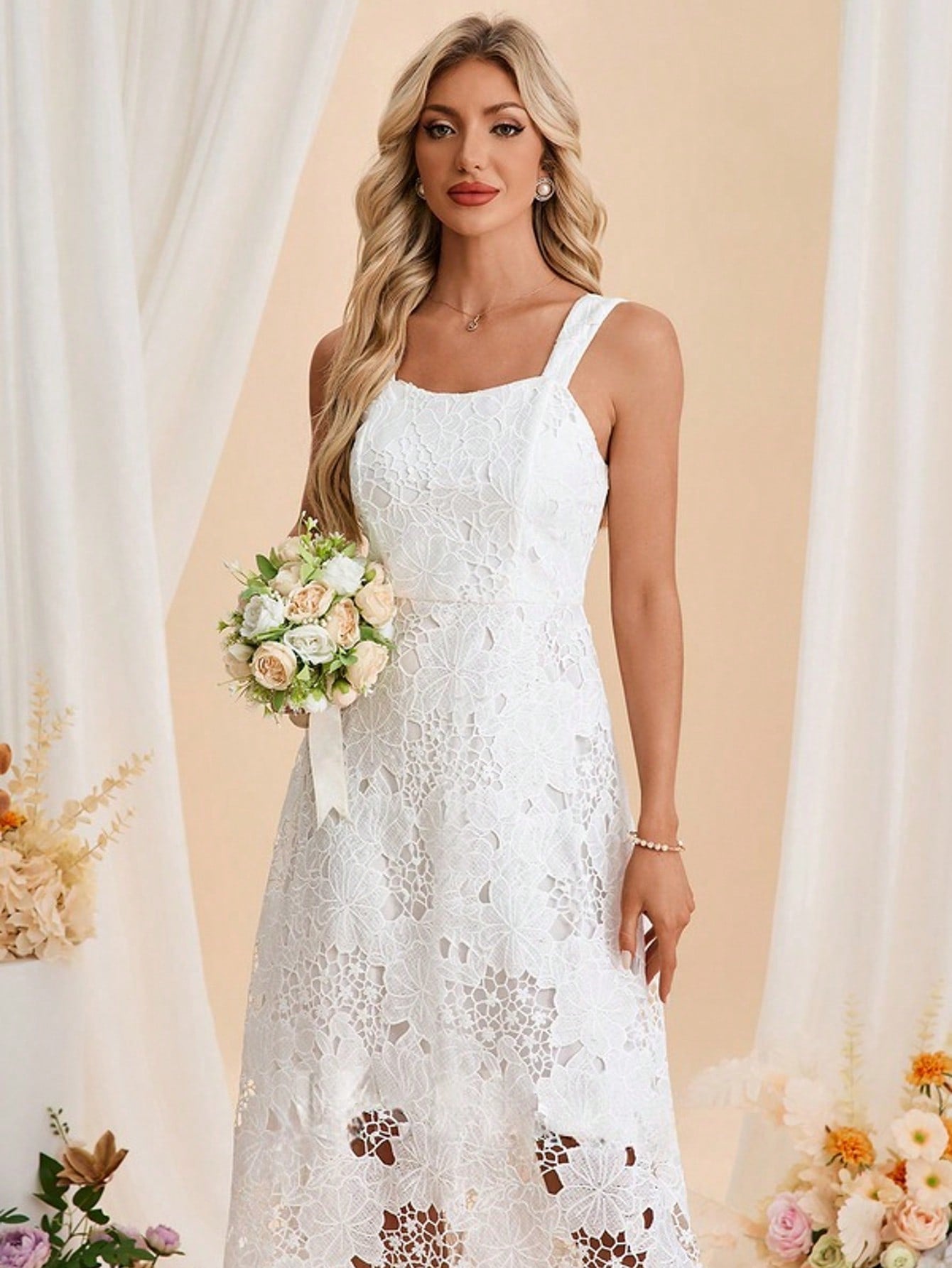 Square Sleeveless A-Line Lace Midi Dress For Summer & Fall Women's Dress