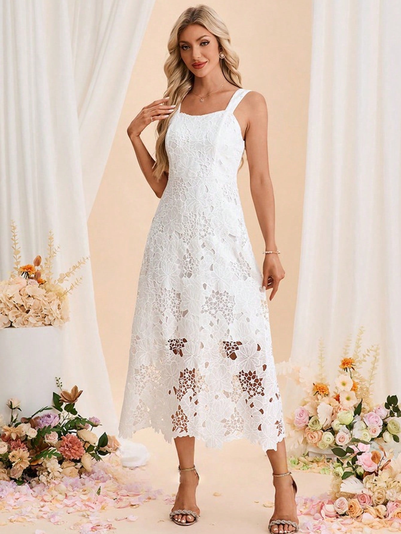 Square Sleeveless A-Line Lace Midi Dress For Summer & Fall Women's Dress