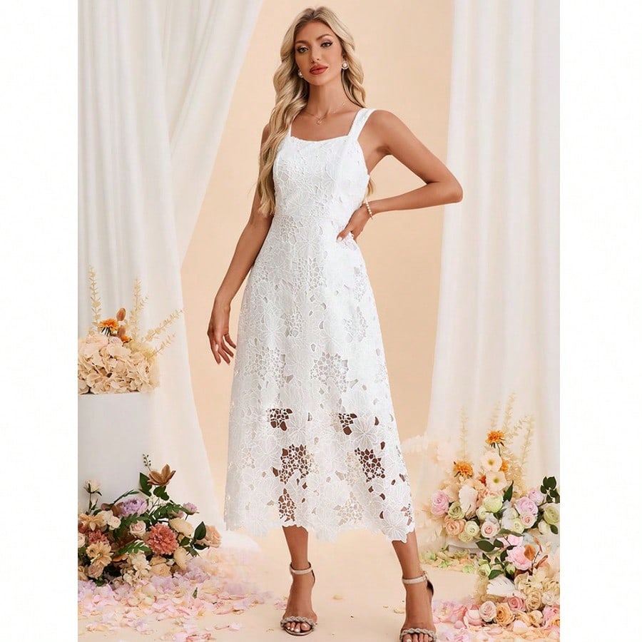 Square Sleeveless A-Line Lace Midi Dress For Summer & Fall Women's Dress