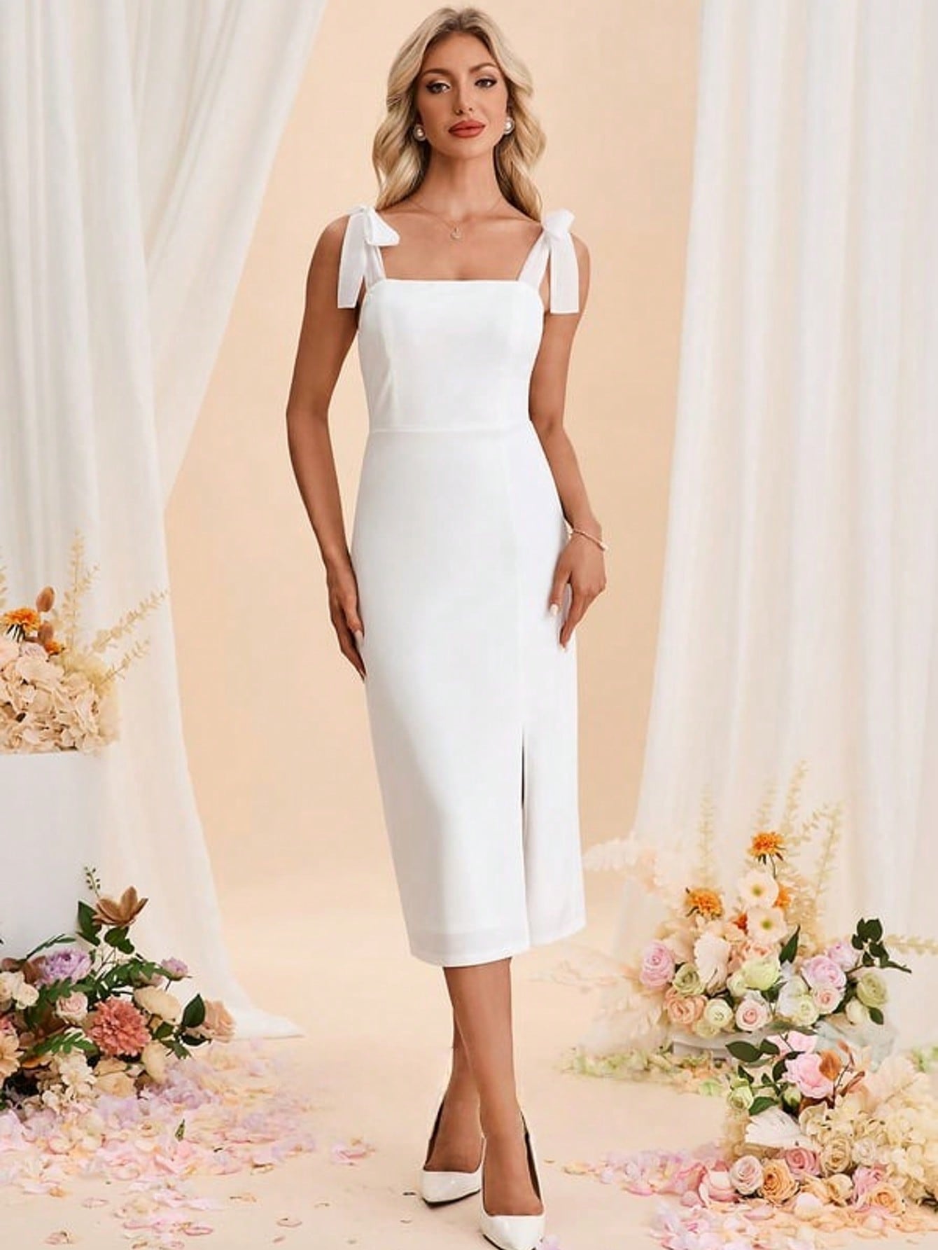 Bow Square Sleeveless Sheath/Column Stretch Crepe Midi Dress For Summer & Fall Women's Dress