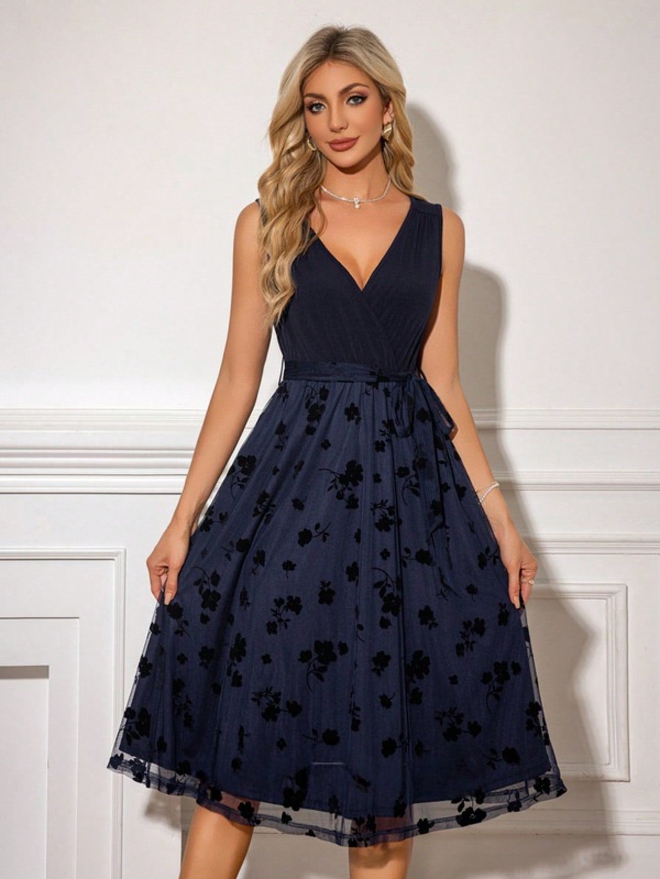 V-Neck Sleeveless A-Line Cotton Blends Jacquard Tulle Midi Dress For Summer & Fall Women's Clothing