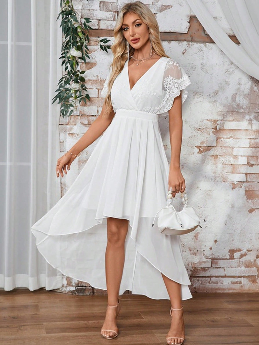 V-Neck A-Line Chiffon Lace Asymmetrical Maxi Dress For Summer & Fall Women's Dress