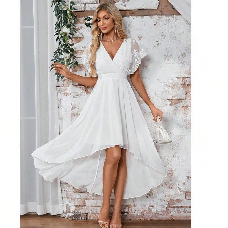 V-Neck A-Line Chiffon Lace Asymmetrical Maxi Dress For Summer & Fall Women's Dress