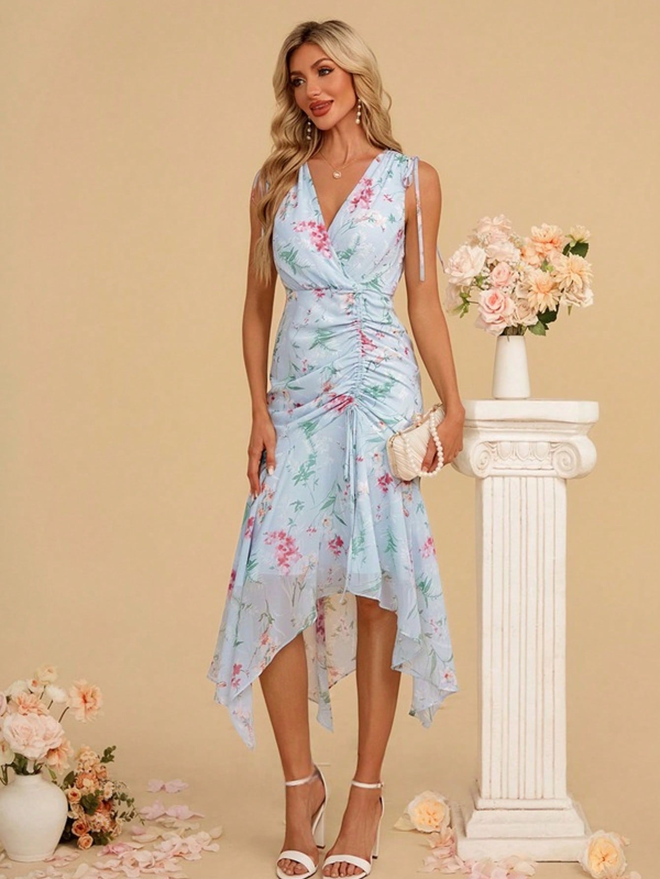 Ruched Ruffle Floral Print V-Neck Trumpet/Mermaid Chiffon Asymmetrical Midi Dress For Summer & Fall Women's Dress