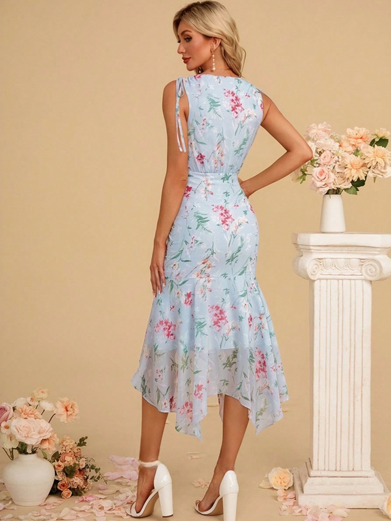 Ruched Ruffle Floral Print V-Neck Trumpet/Mermaid Chiffon Asymmetrical Midi Dress For Summer & Fall Women's Dress
