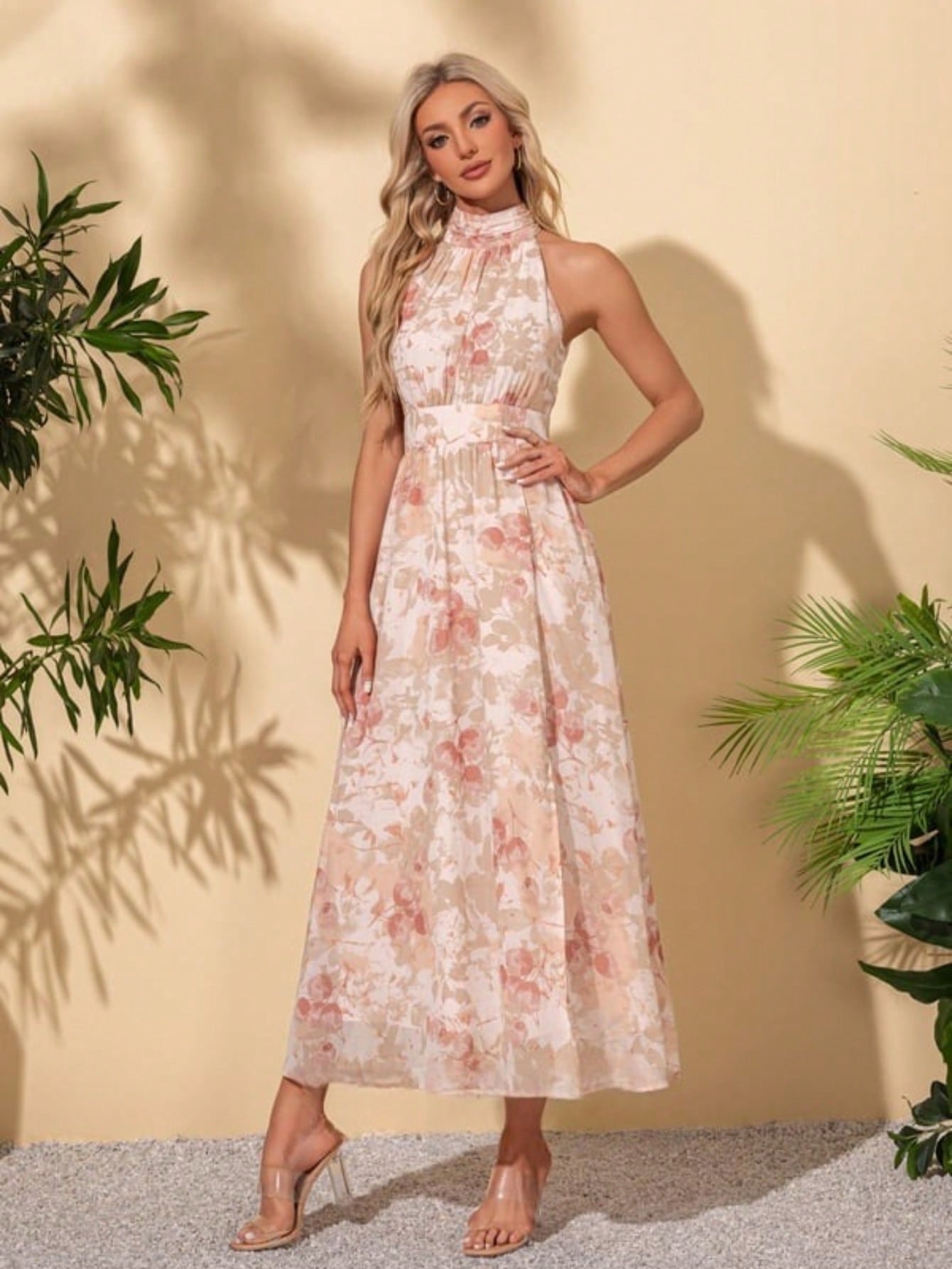 A-Line Halter High Neck Tea-Length Chiffon Cocktail Dress