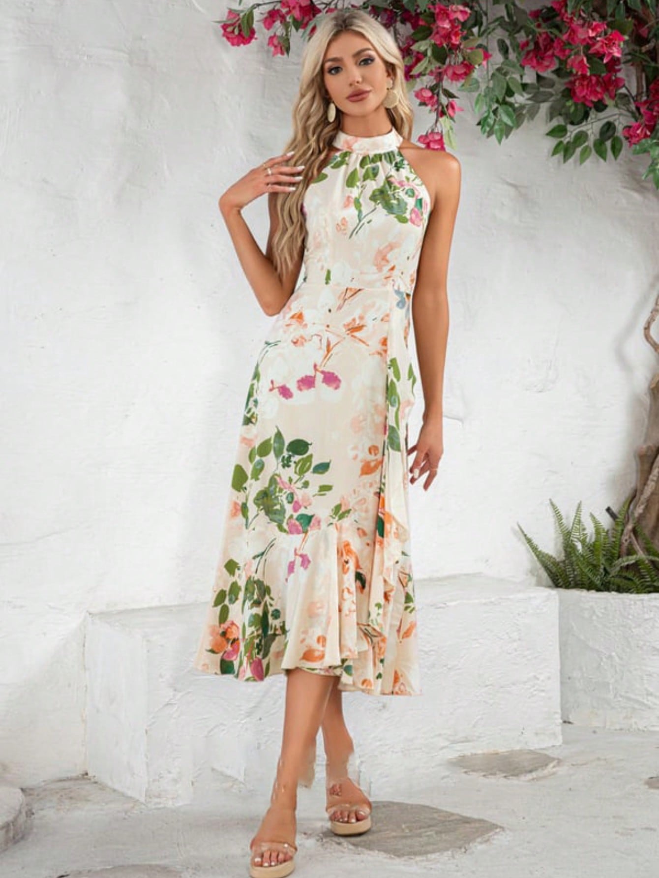 A-Line High Neck Halter Tea-Length Satin Chiffon Cocktail Dress With Ruffle