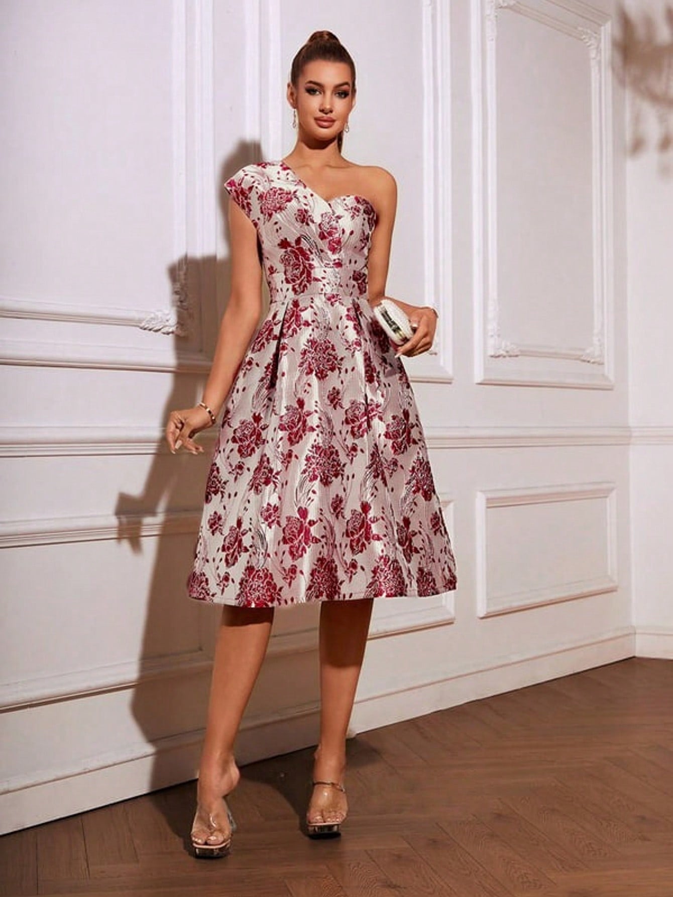 A-Line One Shoulder Tea-Length Jacquard Cocktail Dress  For Summer & Fall Women's Dress