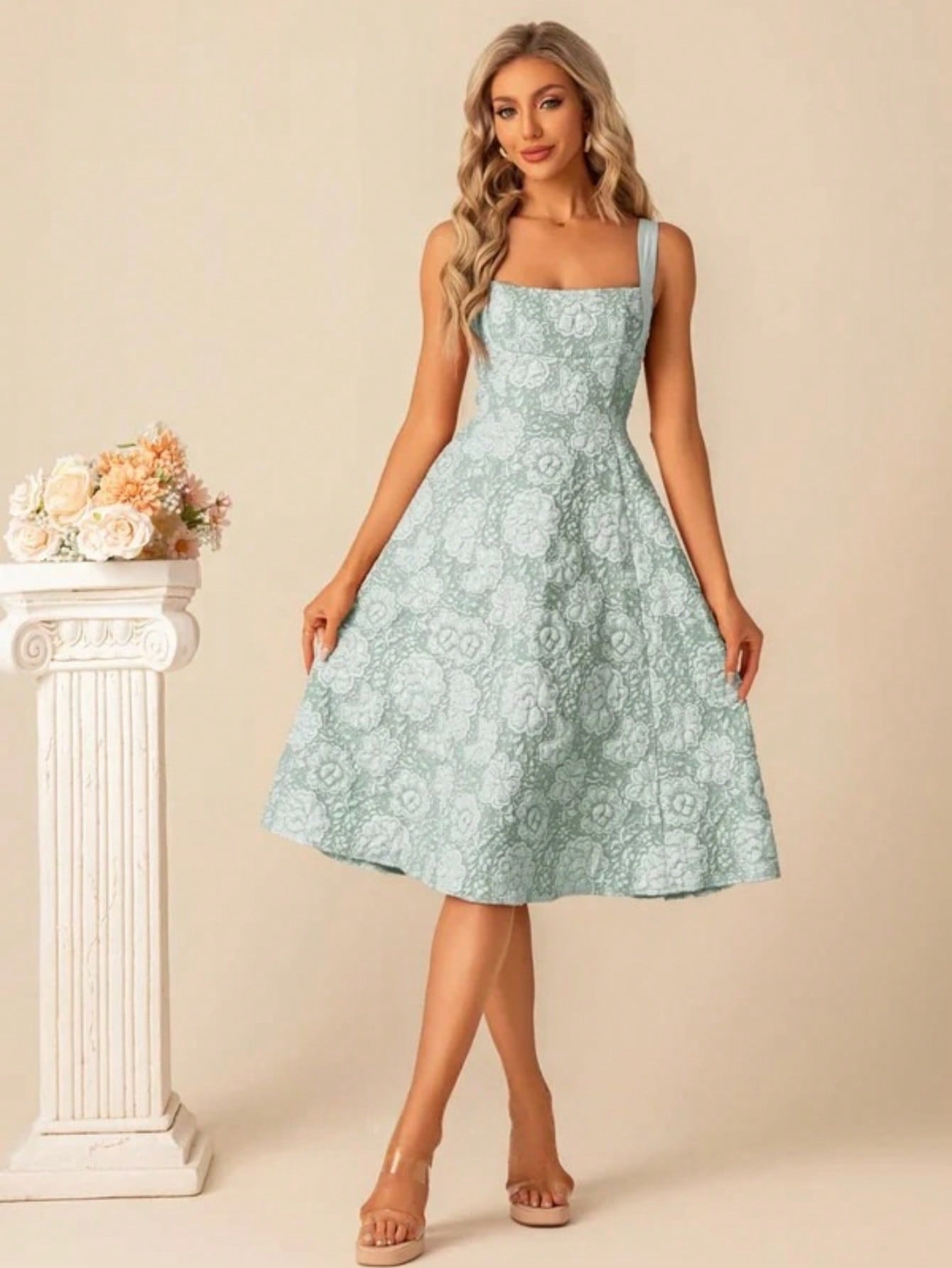 A-Line Square Knee-Length Jacquard Bridesmaid Dress With Bow