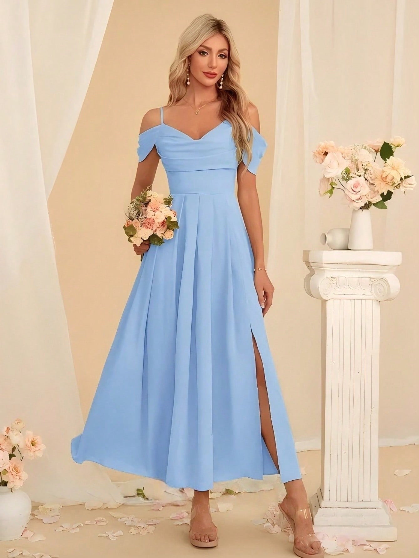 A-Line V-Neck Ankle-Length Charmeuse Bridesmaid Dress With Pleated