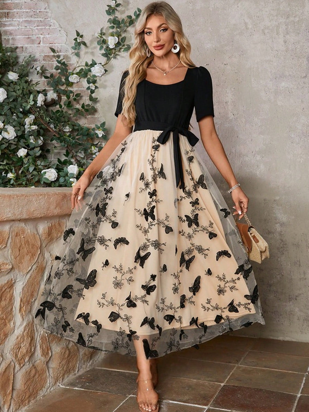 Black And White Embroidered Scoop Short Sleeve A-Line Stretch Crepe Lace Midi Dress