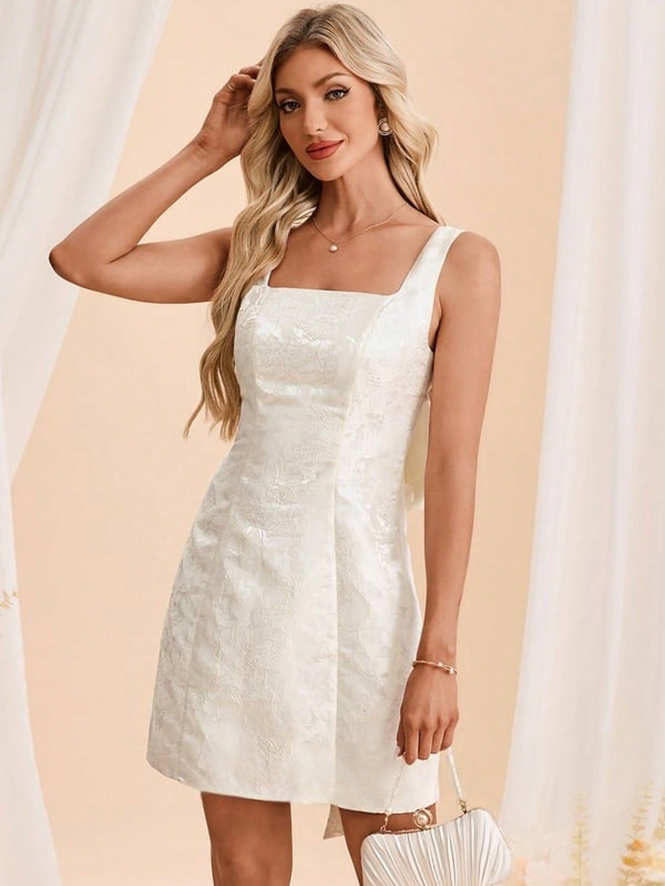 Bow Square Sleeveless A-Line Jacquard Mini Dress For Summer & Fall Women's Dress
