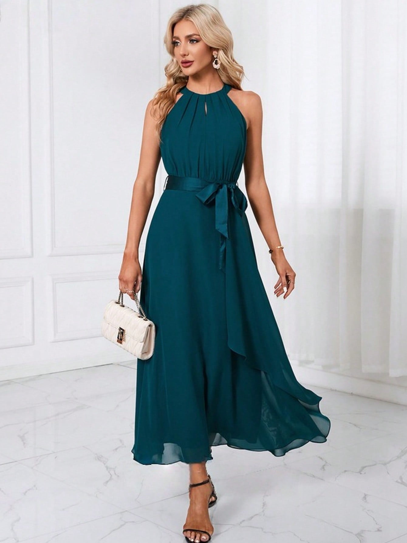 Cascading Ruffles Halter A-Line Chiffon Maxi Dress