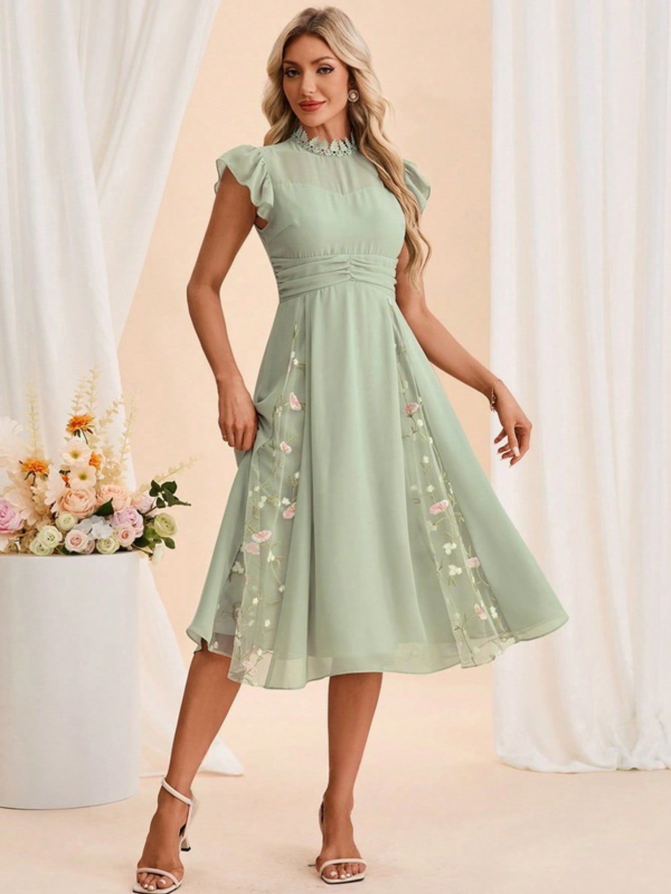 Embroidered High Neck Short Sleeve Flutter Sleeve A-Line Chiffon Tulle Midi Dress For Summer & Fall Women's Dress