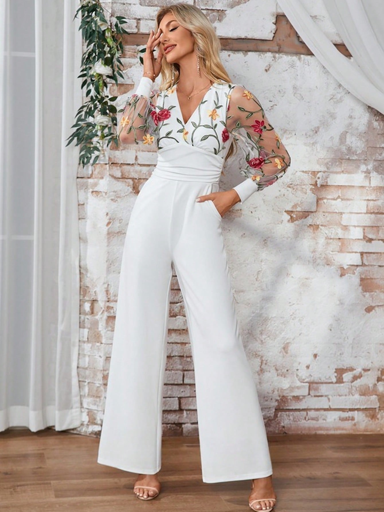 Embroidered V-Neck Long Sleeve Lace Jersey Maxi Jumpsuits
