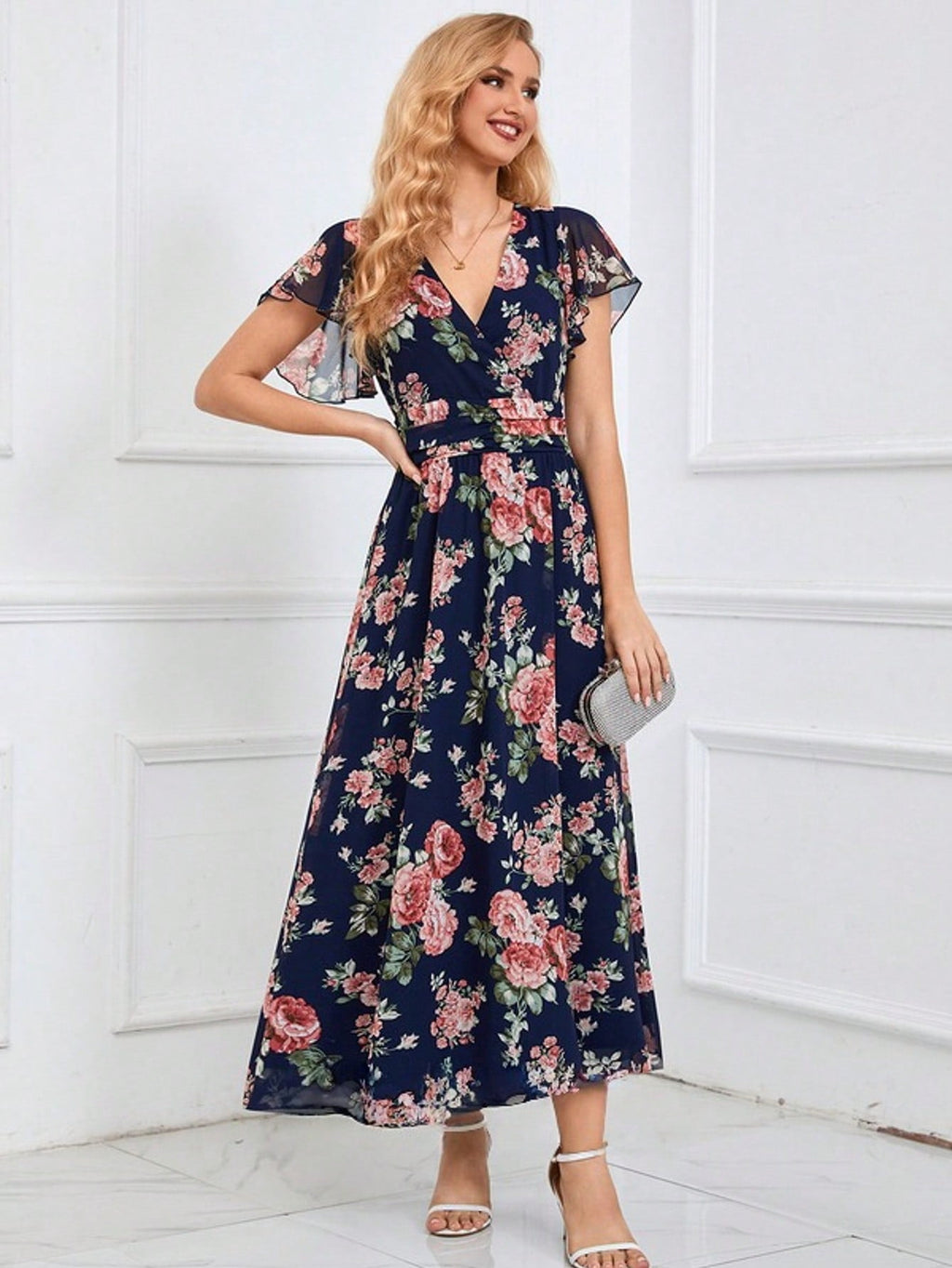 Floral Print V-Neck A-Line Chiffon Maxi Dress
