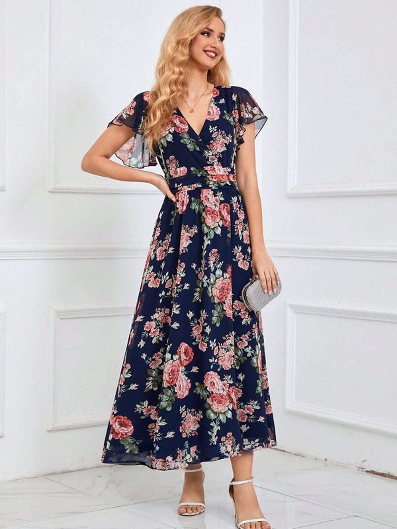 Floral Print V-Neck A-Line Chiffon Maxi Dress
