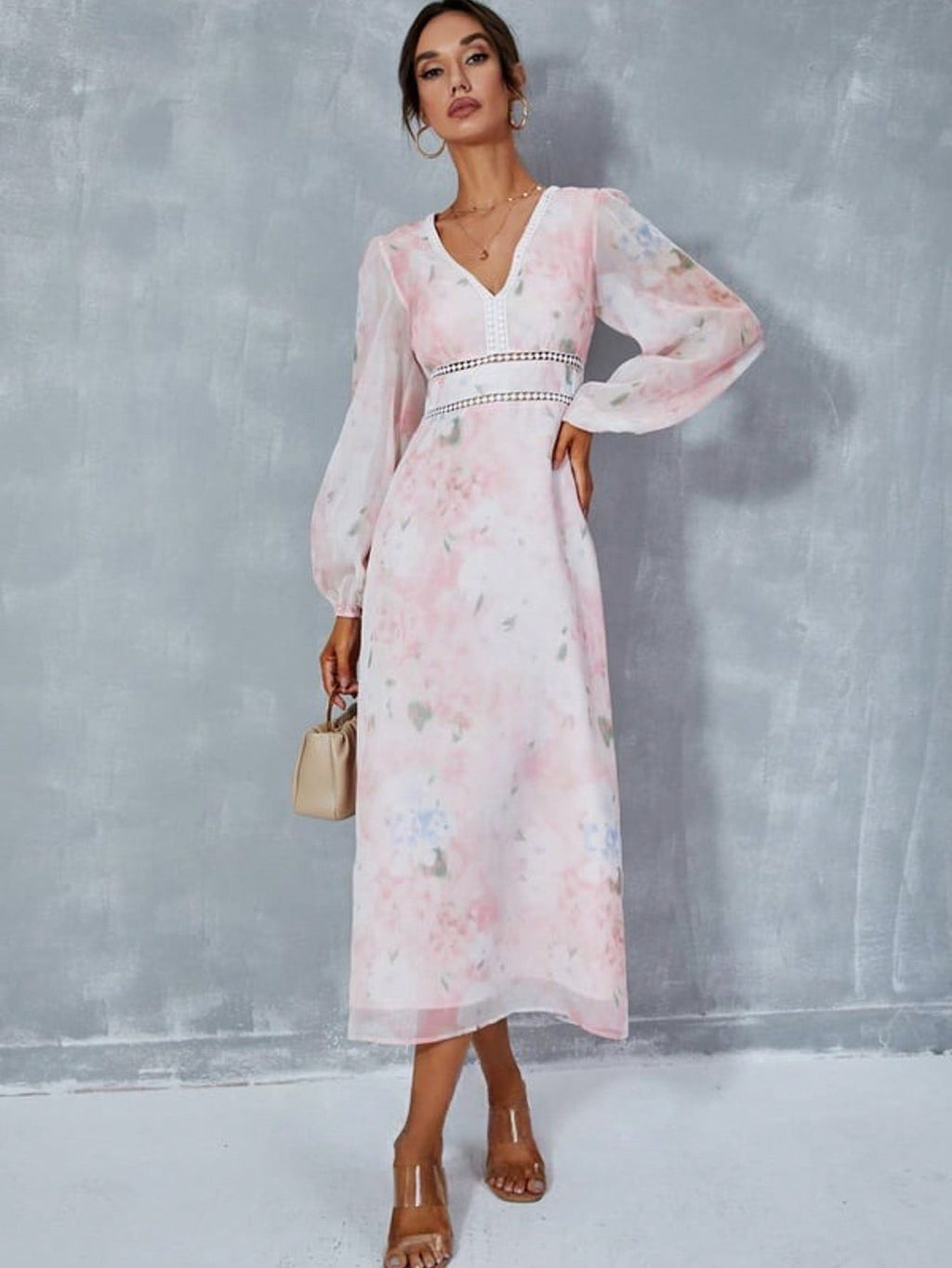 Floral Print V-Neck A-Line Chiffon Midi Dress  For Summer & Fall Women's Dress