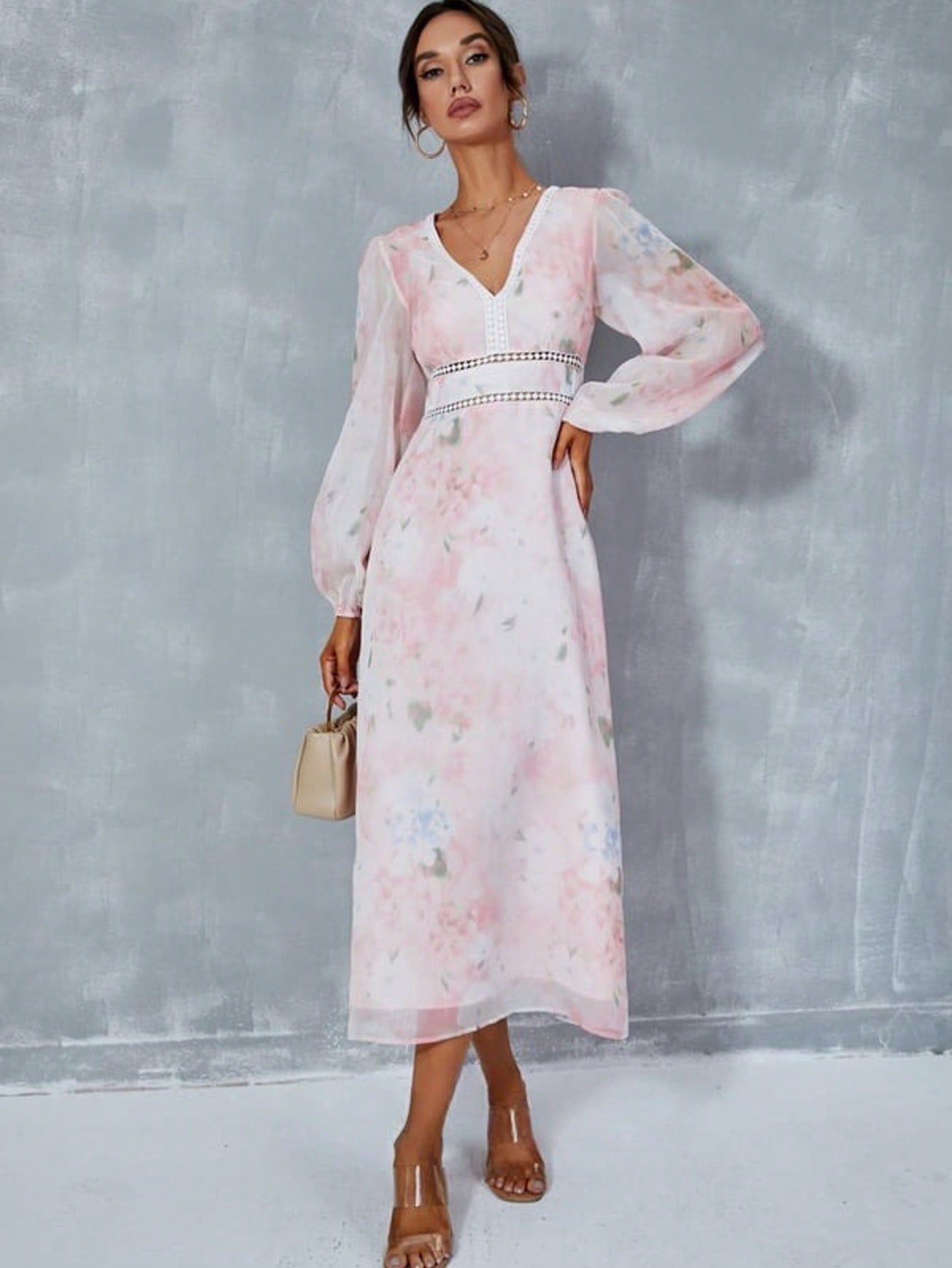 Floral Print V-Neck A-Line Chiffon Midi Dress  For Summer & Fall Women's Dress