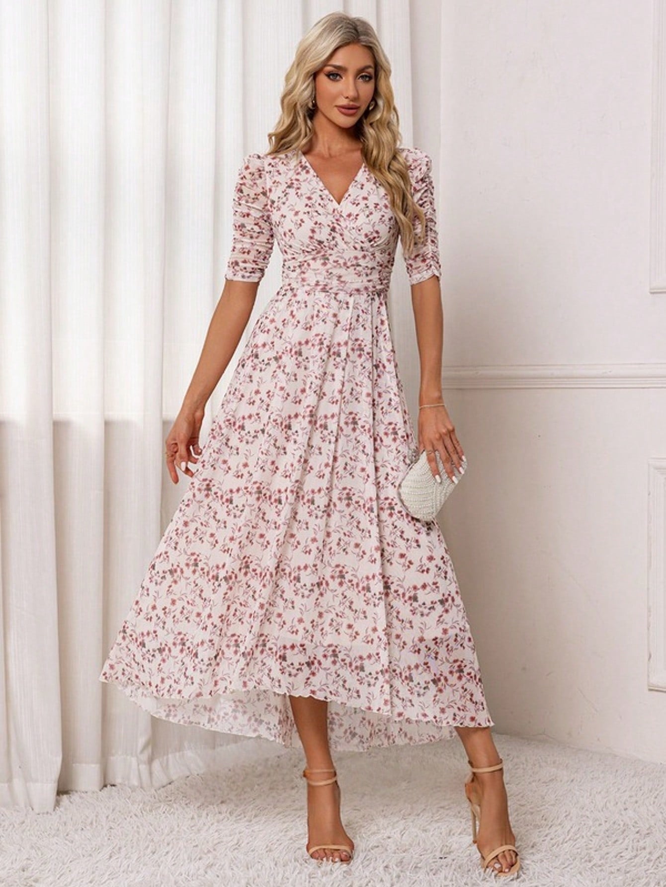 Floral Print V-Neck Short Sleeve A-Line Spandex Asymmetrical Maxi Dress
