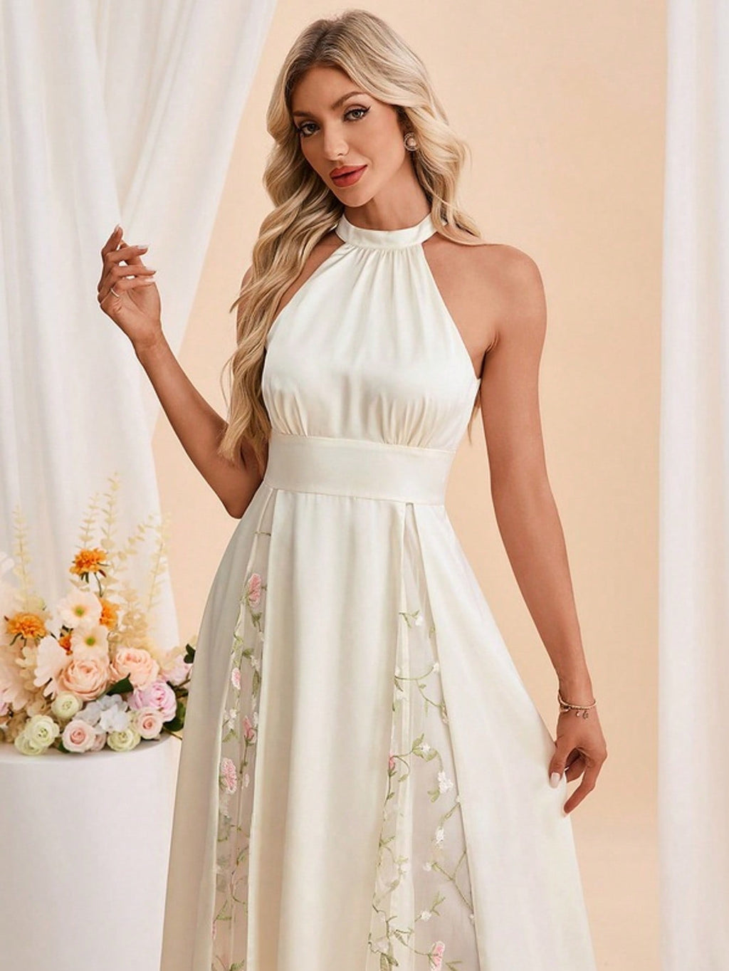 Halter Sleeveless A-Line Jacquard Satin Midi Dress