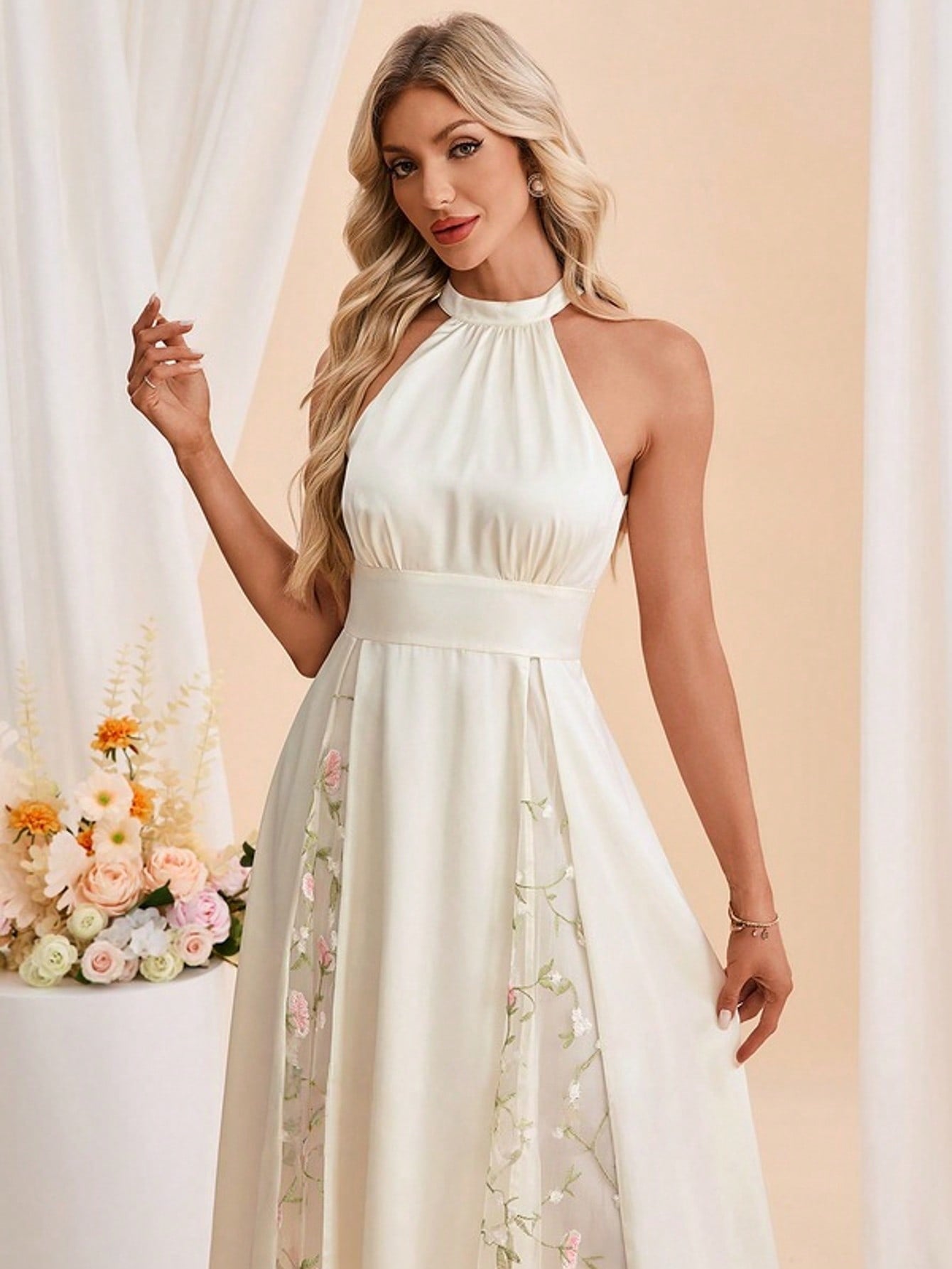 Halter Sleeveless A-Line Jacquard Satin Midi Dress